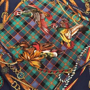 Stunning Equestrian scarf in vibrant tartan plaid w/mallard ducks in flight.